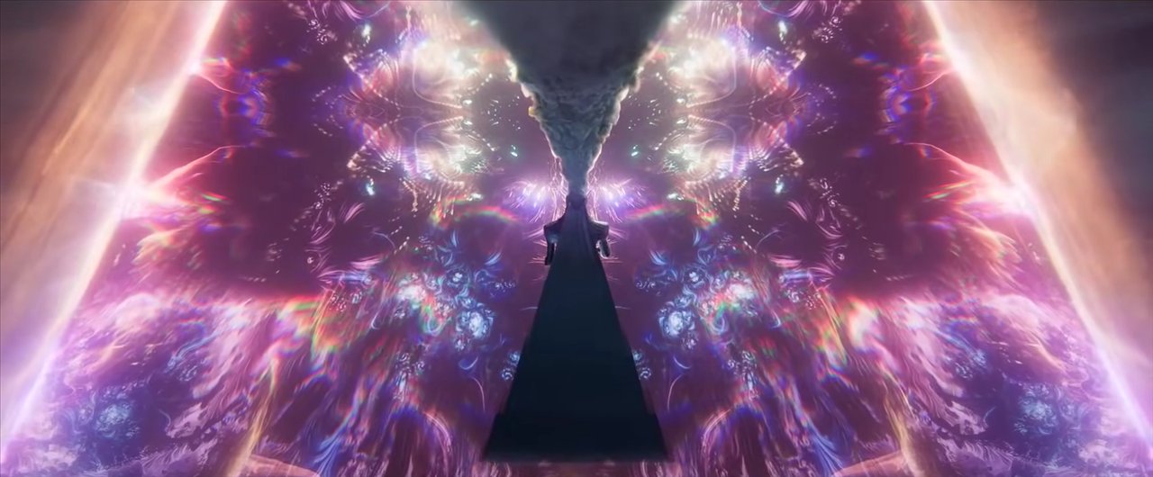 Une silhouette devant une déchirure triangulaire de lumière rose
