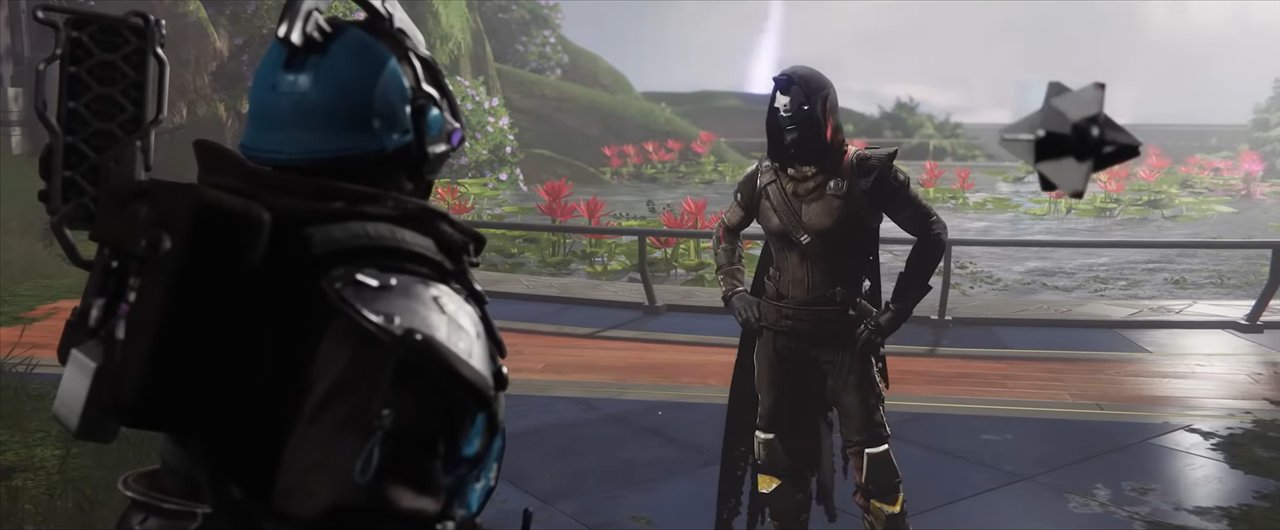 Cayde-6 et le Corbeau, de profil, dans une lumière douce