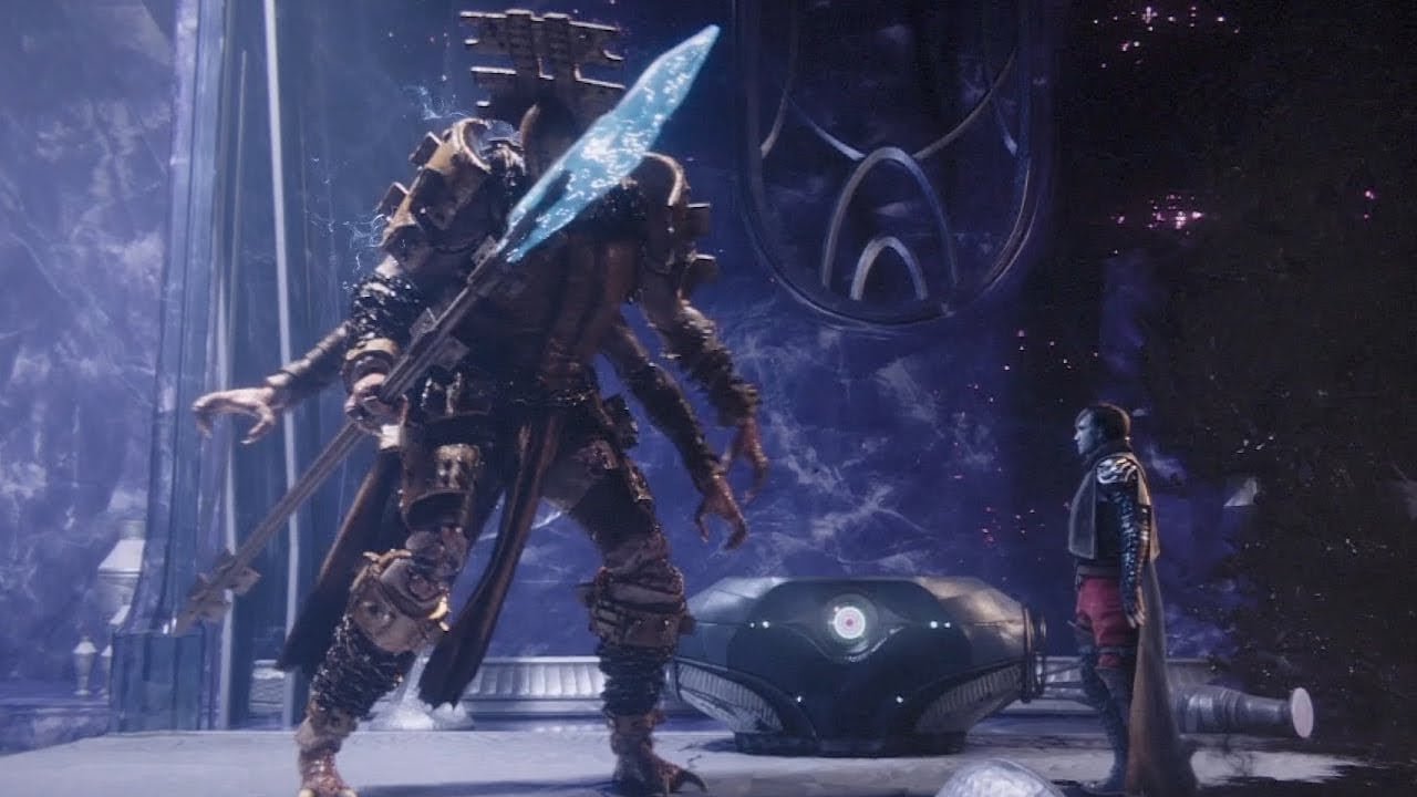 Fikrul, de dos, face à Uldren Sov dans une salle éveillée
