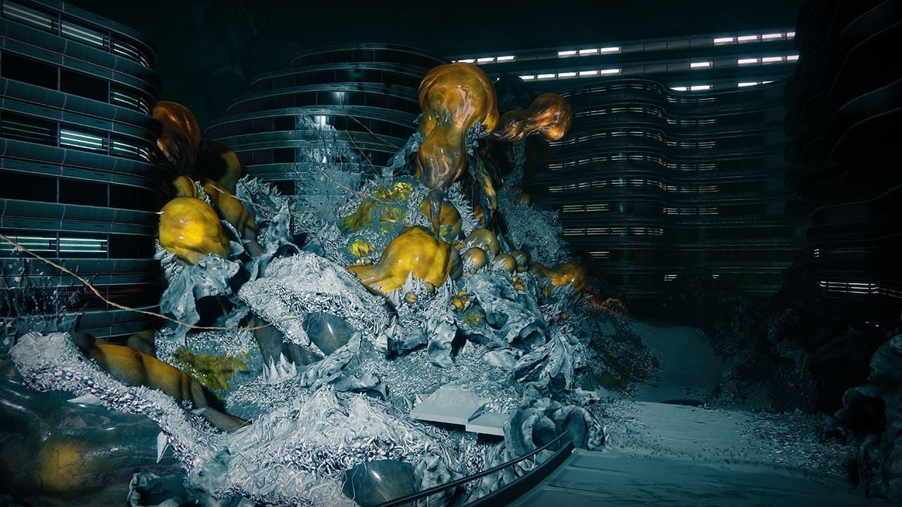 La cachette de Cayde dans l'arcologie de Titan : des caisses, des coussins, des plantes