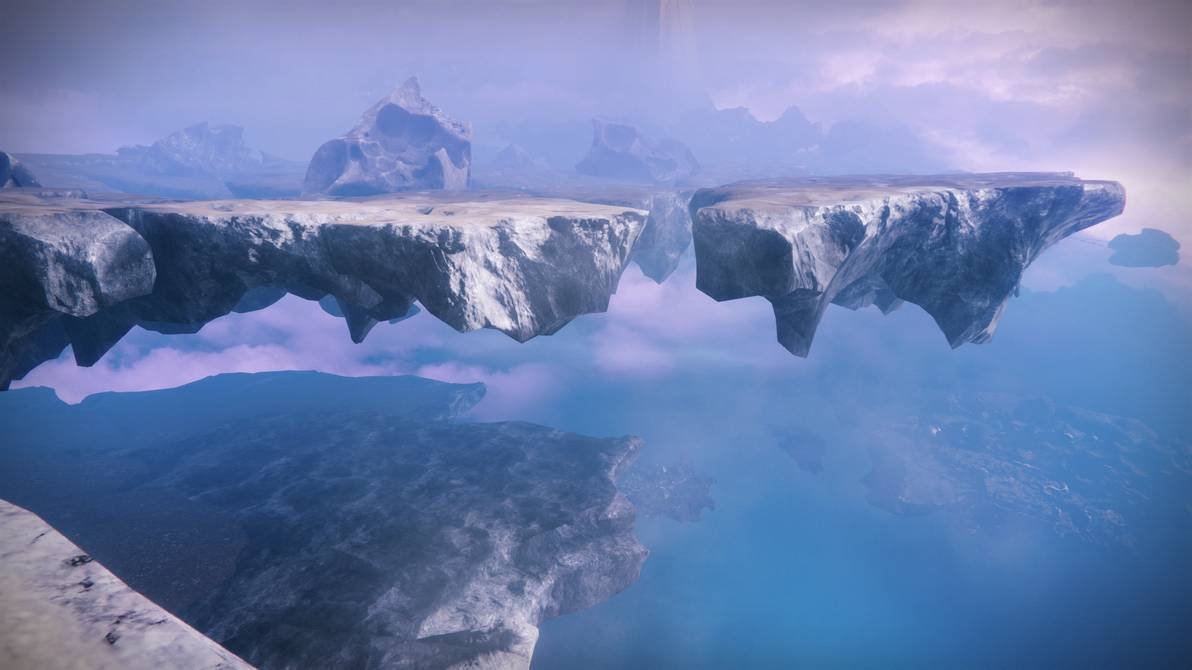 Des îles de roche plates flottant au-dessus d'une mer de nuages, sous un ciel bleu pâle