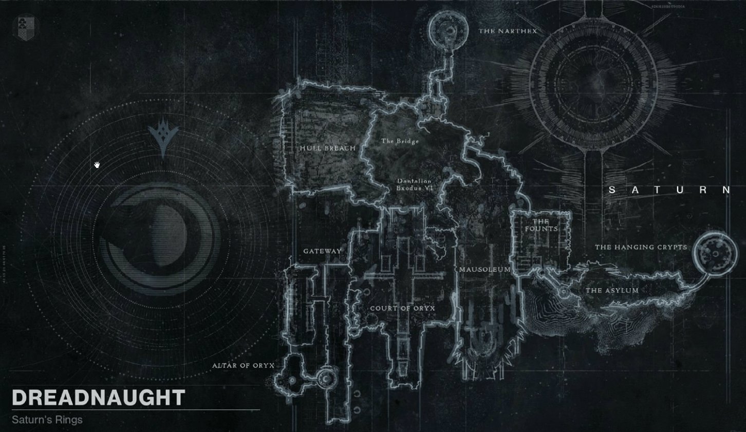 La carte du Cuirassé dans le Directeur de Destiny 1 : un tracé blanc de couloirs et de salles sur fond bleu nuit
