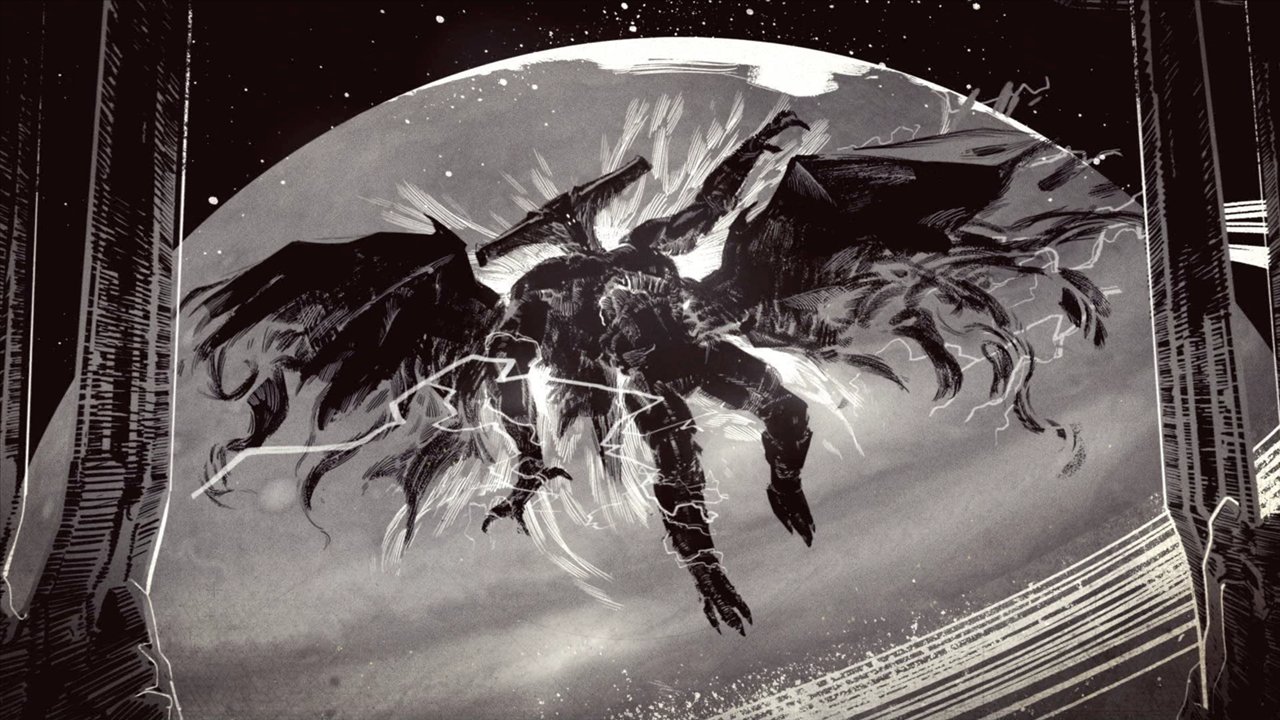 Dessin en noir et blanc : Oryx se brise devant une lune