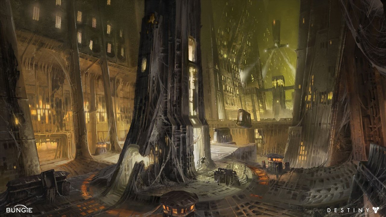 Peinture : l'intérieur du Cuirassé, des colonnes de chair et des lumières dans une brume jaune