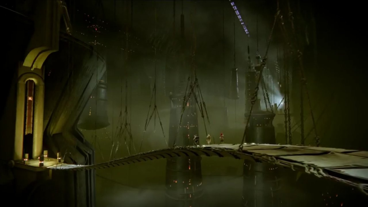 Une salle du Cuirassé, des arches de chitine et une lumière verte