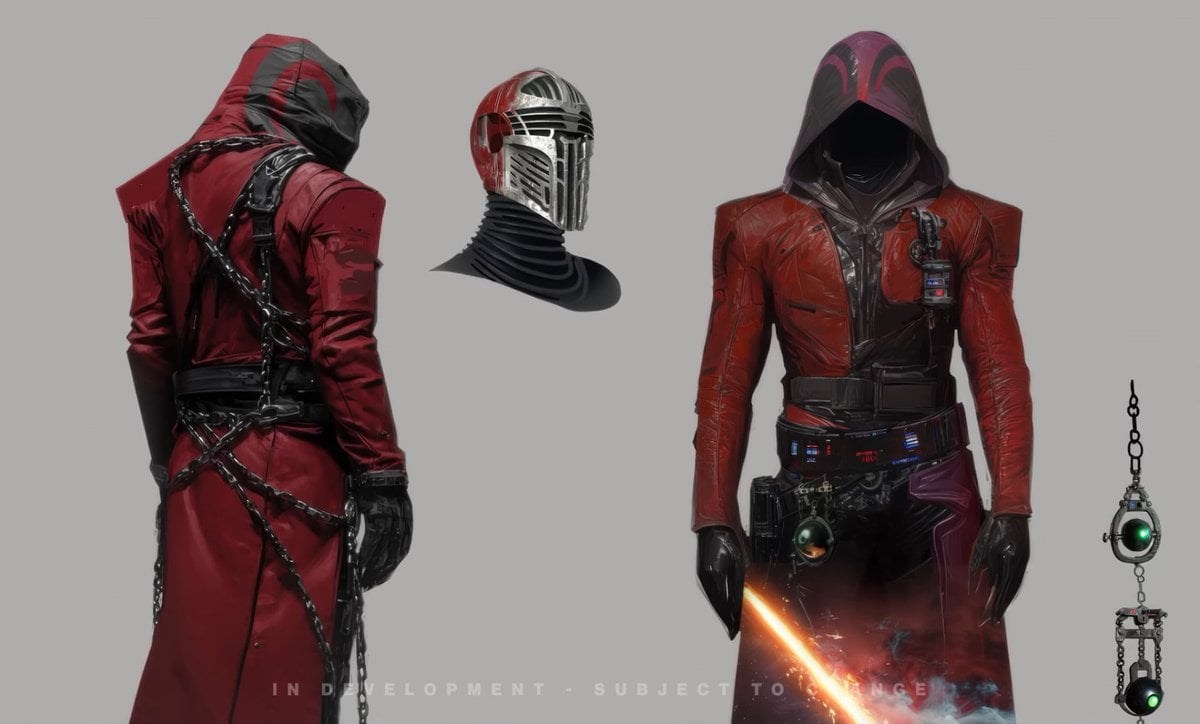 Art conceptuel de Bael : manteau à capuche rouge, casque, lame rouge