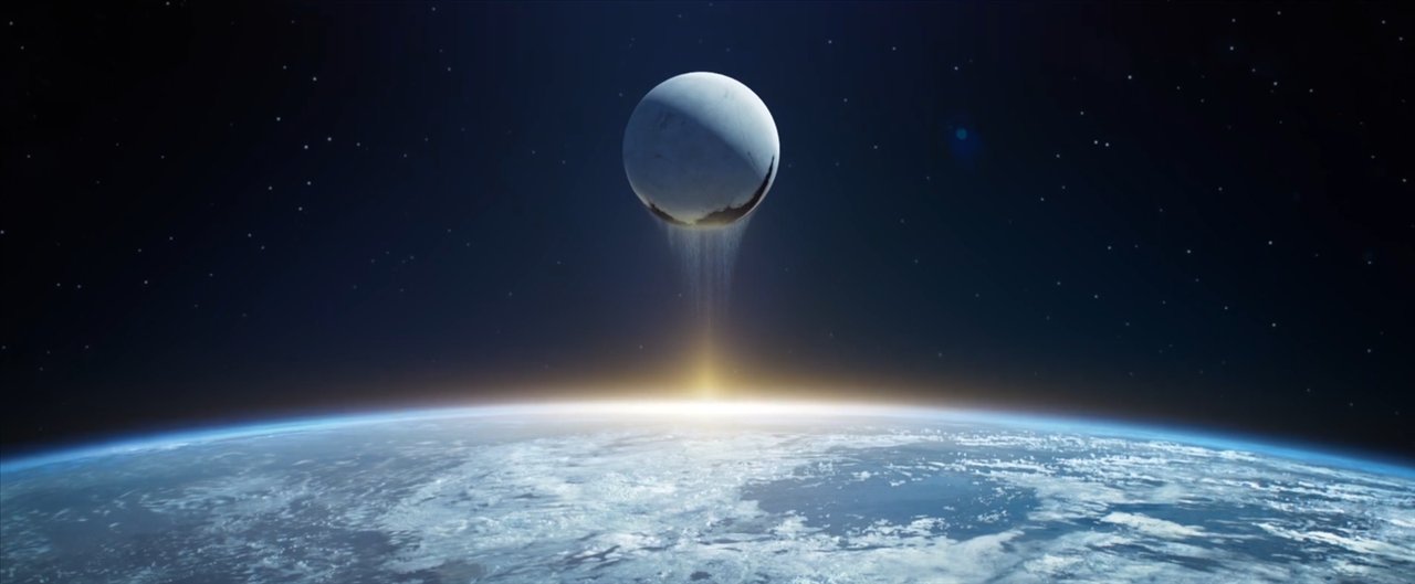 Le Voyageur quittant une planète, minuscule au-dessus de la courbe d'un monde
