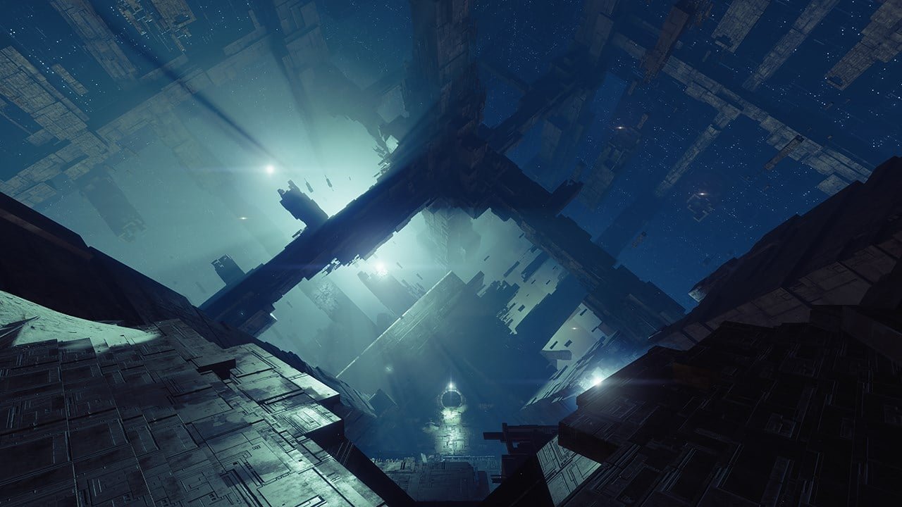 L'intérieur du Pyramidion : des poutres vex géantes entrecroisées dans une brume bleue, une silhouette minuscule