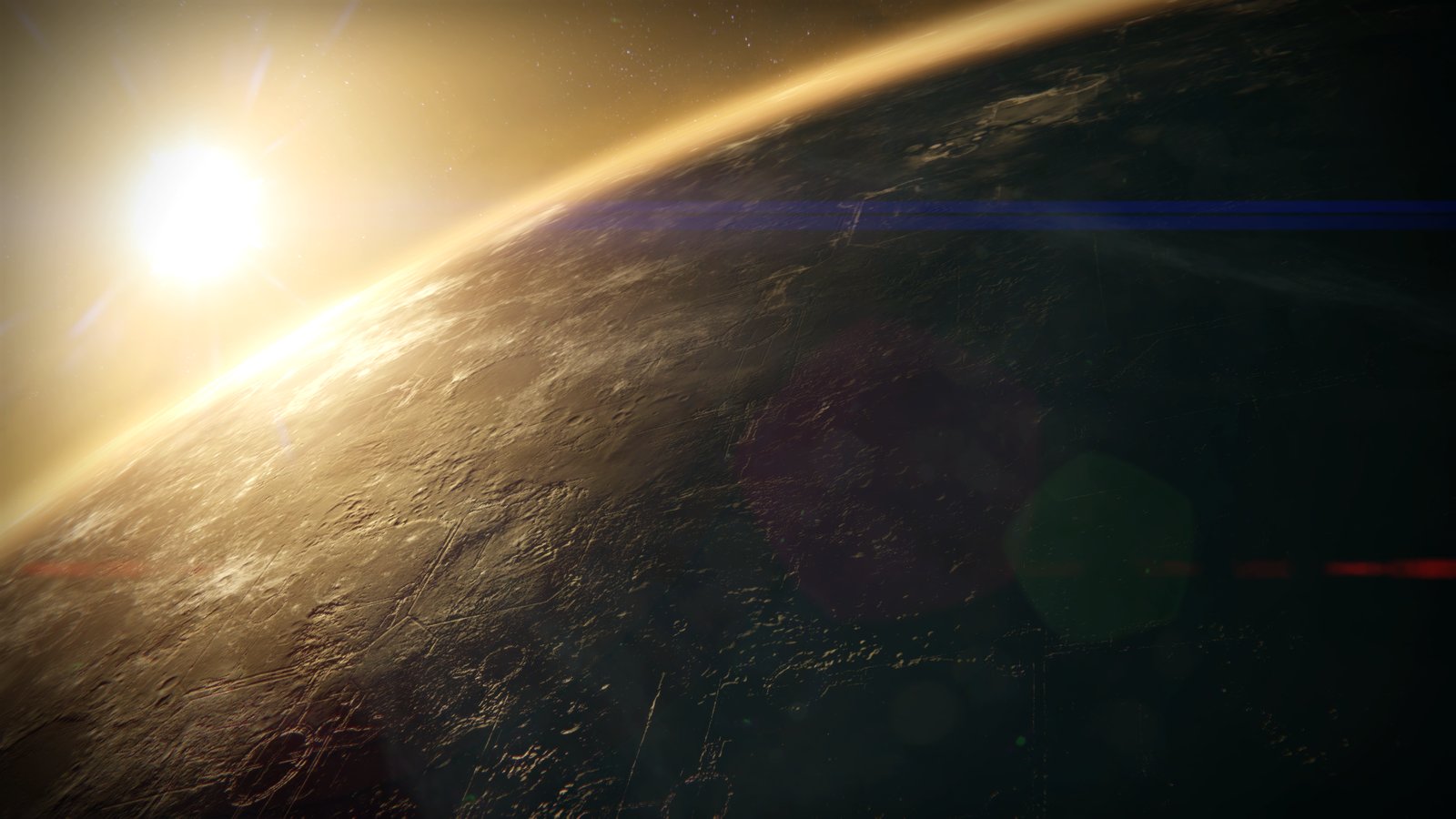 Mercure vue de l'orbite, le soleil rasant sa surface de métal