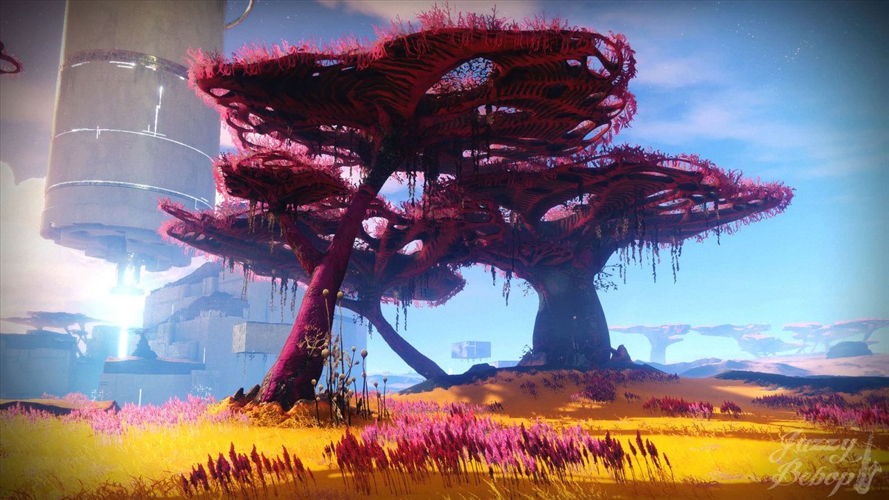 Un arbre aux feuilles rouges au bord de l'eau, une tour vex derrière