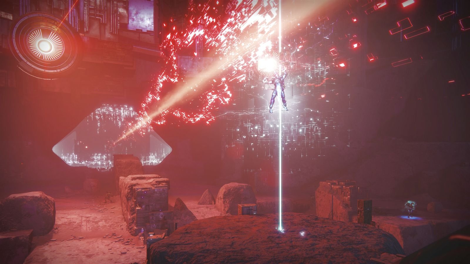 Saint-14 dressé au milieu des Vex dans le futur simulé, un rayon de lumière au-dessus de lui