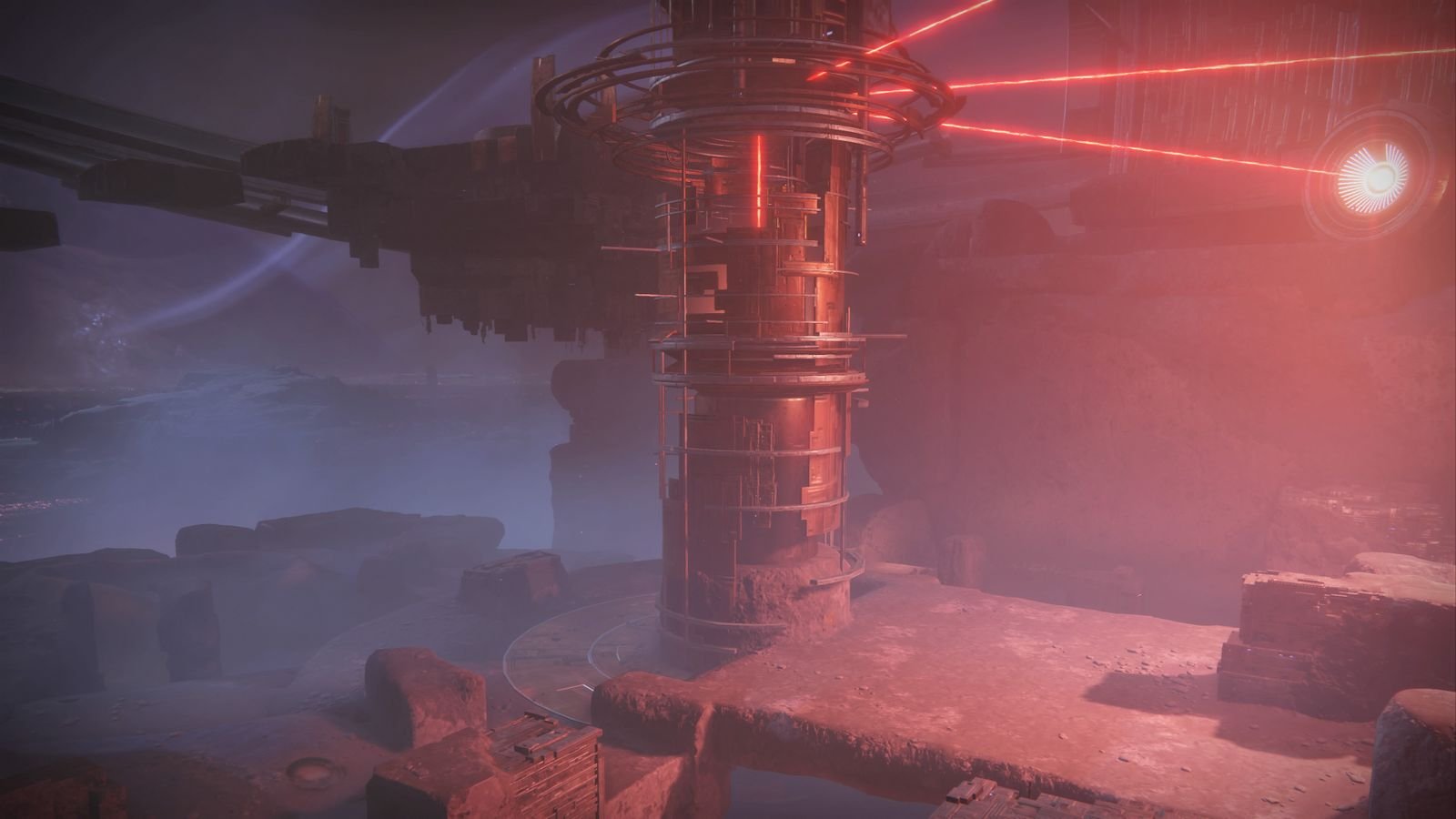 Mercure au futur : une tour vex rouge sombre sous un soleil mort, des rayons rouges dans la brume