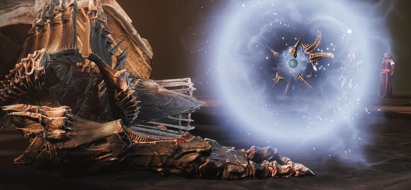 Immaru, le Spectre de Savathûn, flotte dans une sphère de Lumière au-dessus du corps de la Reine