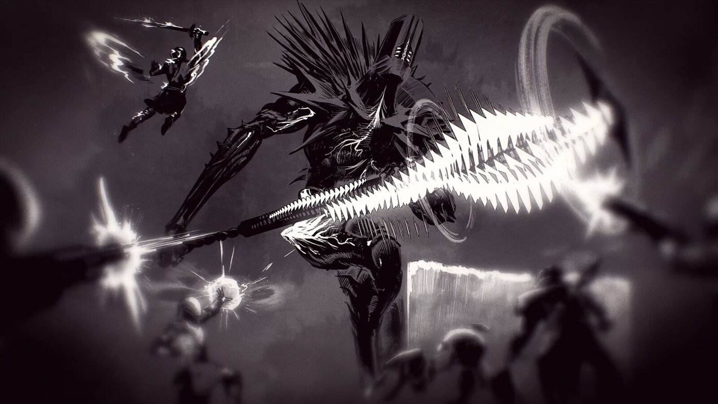 Rhulk en noir et blanc, glaive à la main, au milieu d'une gerbe de lumière