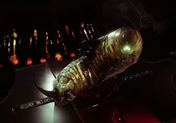 Le Ver de Savathûn, une larve brune et annelée dans un bocal