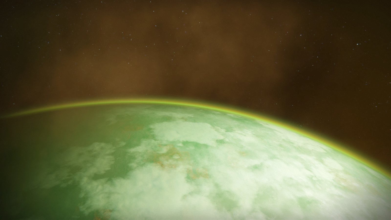 Nessos vu de l'orbite : un globe vert pâle marbré de blanc, sur fond de poussière dorée
