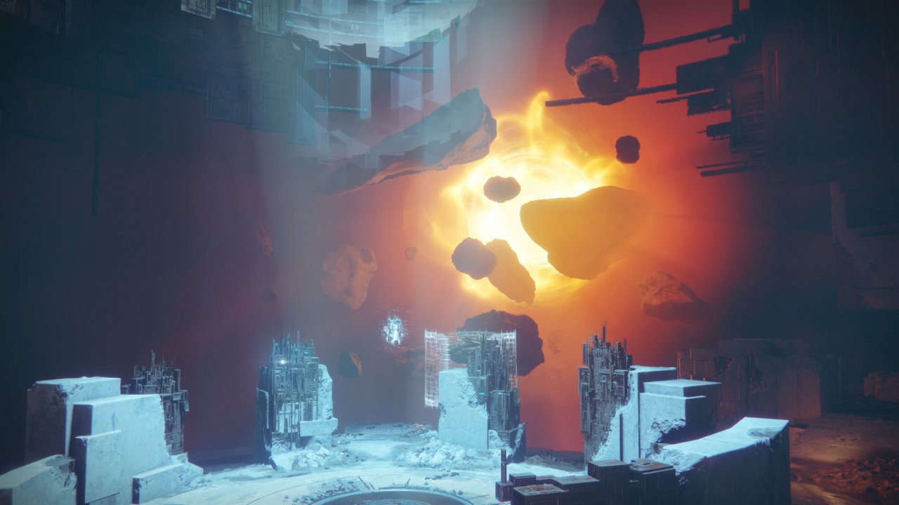 Une salle vex bleutée ouverte sur une fosse de roche en fusion