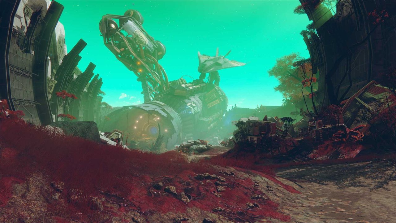 Les sphères de l'Exode noir derrière un talus d'herbe rouge