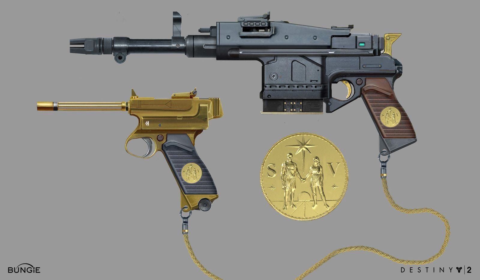 Planche de recherche : deux pistolets anciens, l'un doré, l'autre à canon noir, et une médaille figurant deux silhouettes