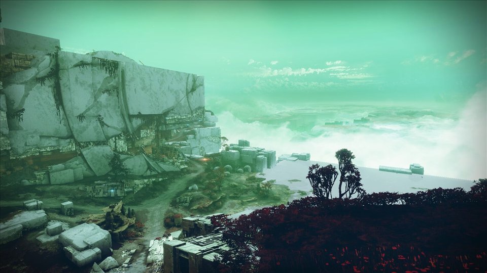 La vallée d'Arcadia au crépuscule : des blocs vex à perte de vue sous un ciel vert pâle