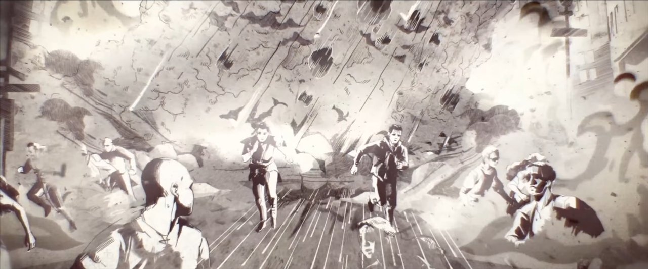 Dessin en noir et blanc : une foule court sous un ciel qui s'effondre