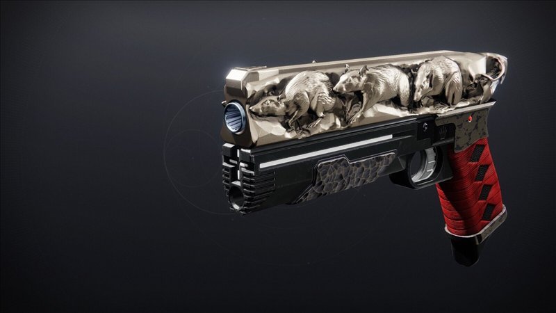 Rendu du pistolet exotique Empereur des rats : une culasse sculptée de rats entrelacés