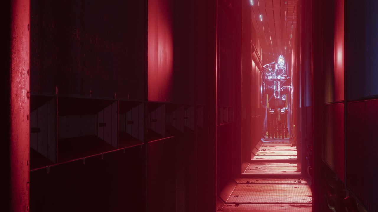 Un couloir rouge dans les ruines de l'ancienne Tour