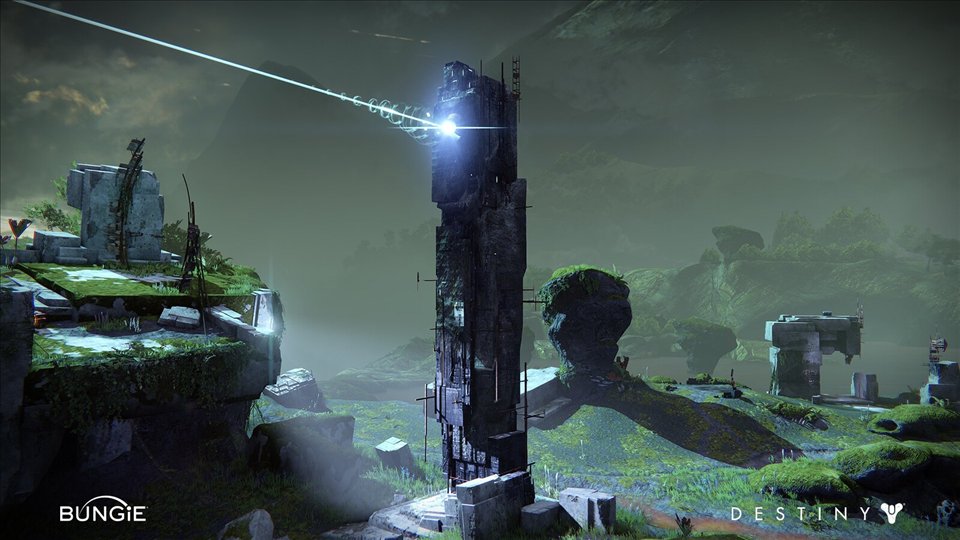 Une flèche de lumière s'élève au-dessus de ruines vex