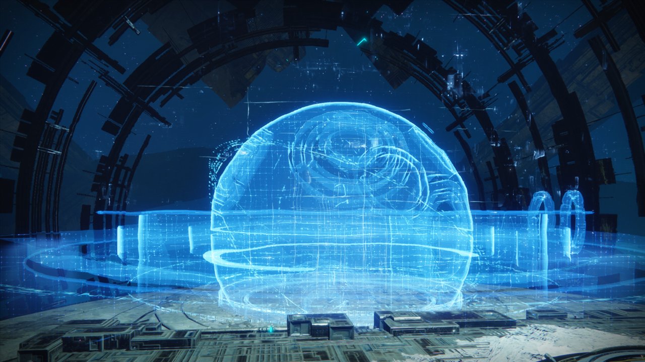 Une projection holographique bleue dans une salle vex