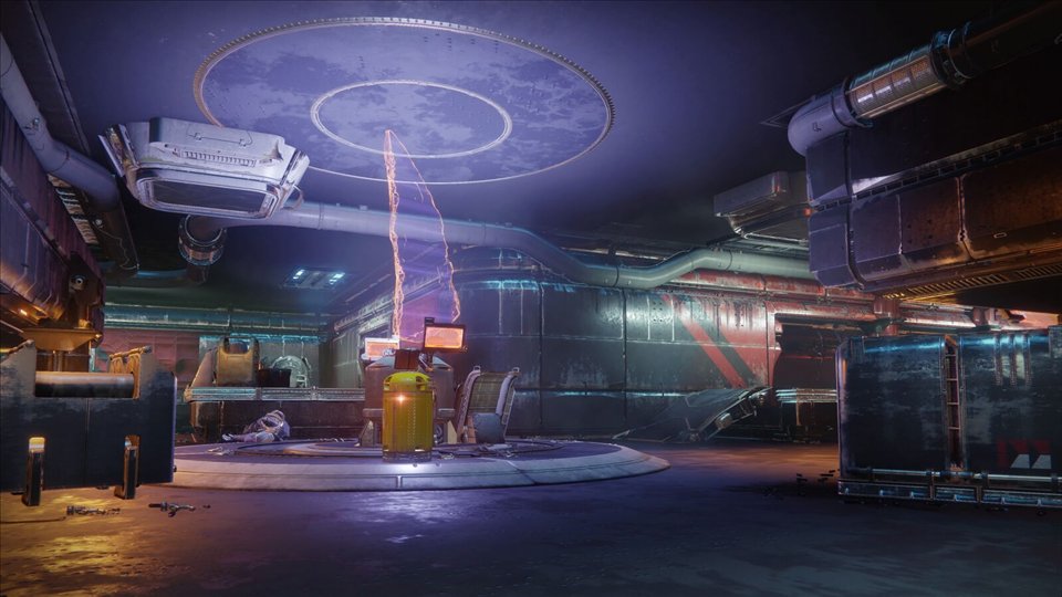 L'intérieur de la base cabale, un faisceau au centre d'un hangar