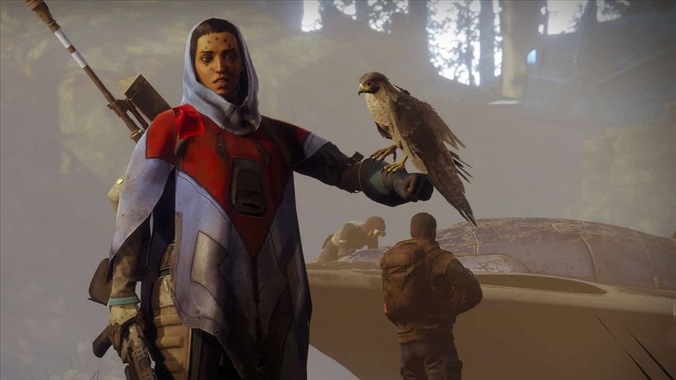 Suraya Hawthorne, un poncho rouge et blanc, son faucon Louis sur le poing